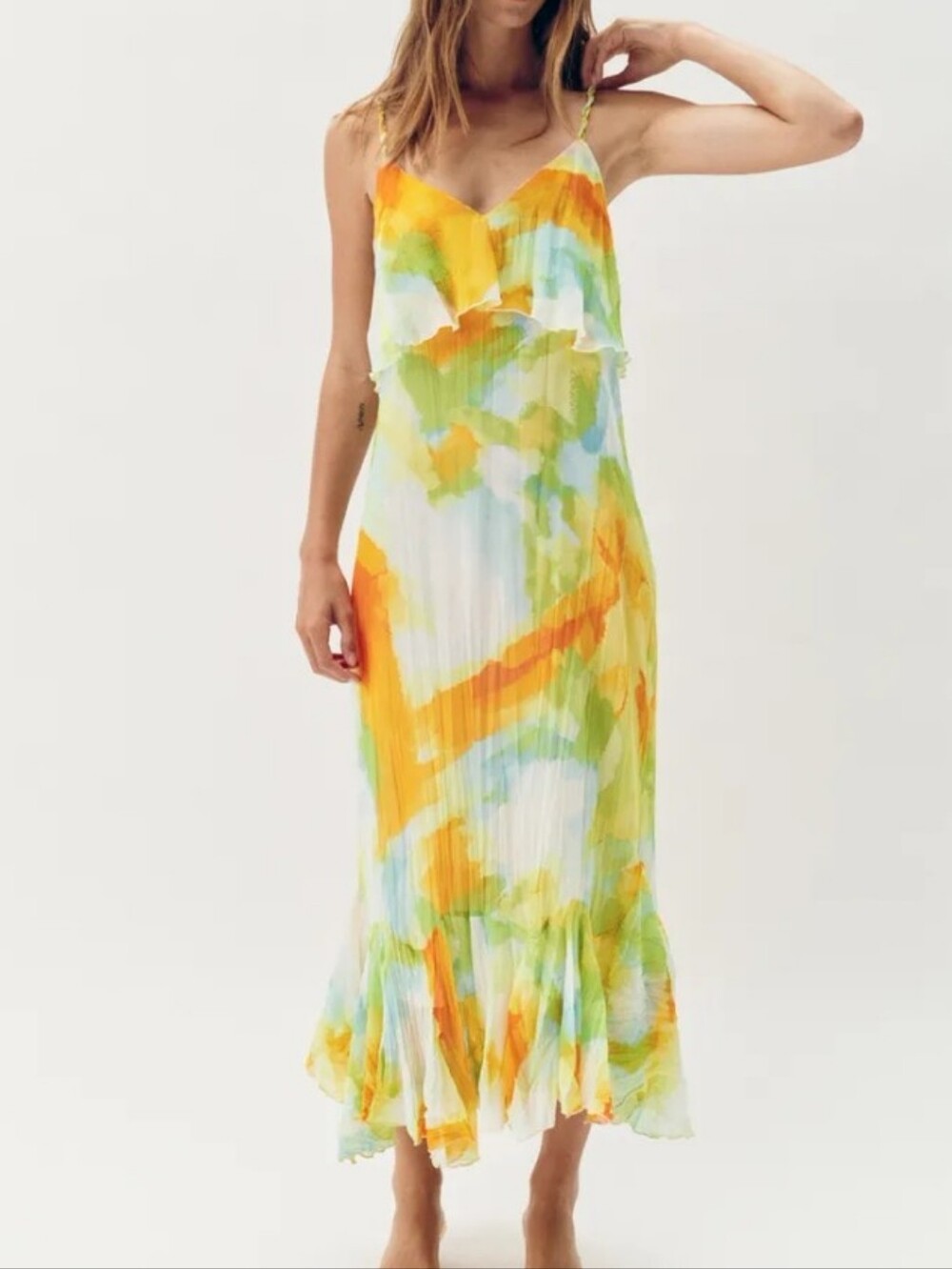 Zara Watercolor Tie-Dye Print Ruffle Midi Dress Sz-L - Picture 2 of 13